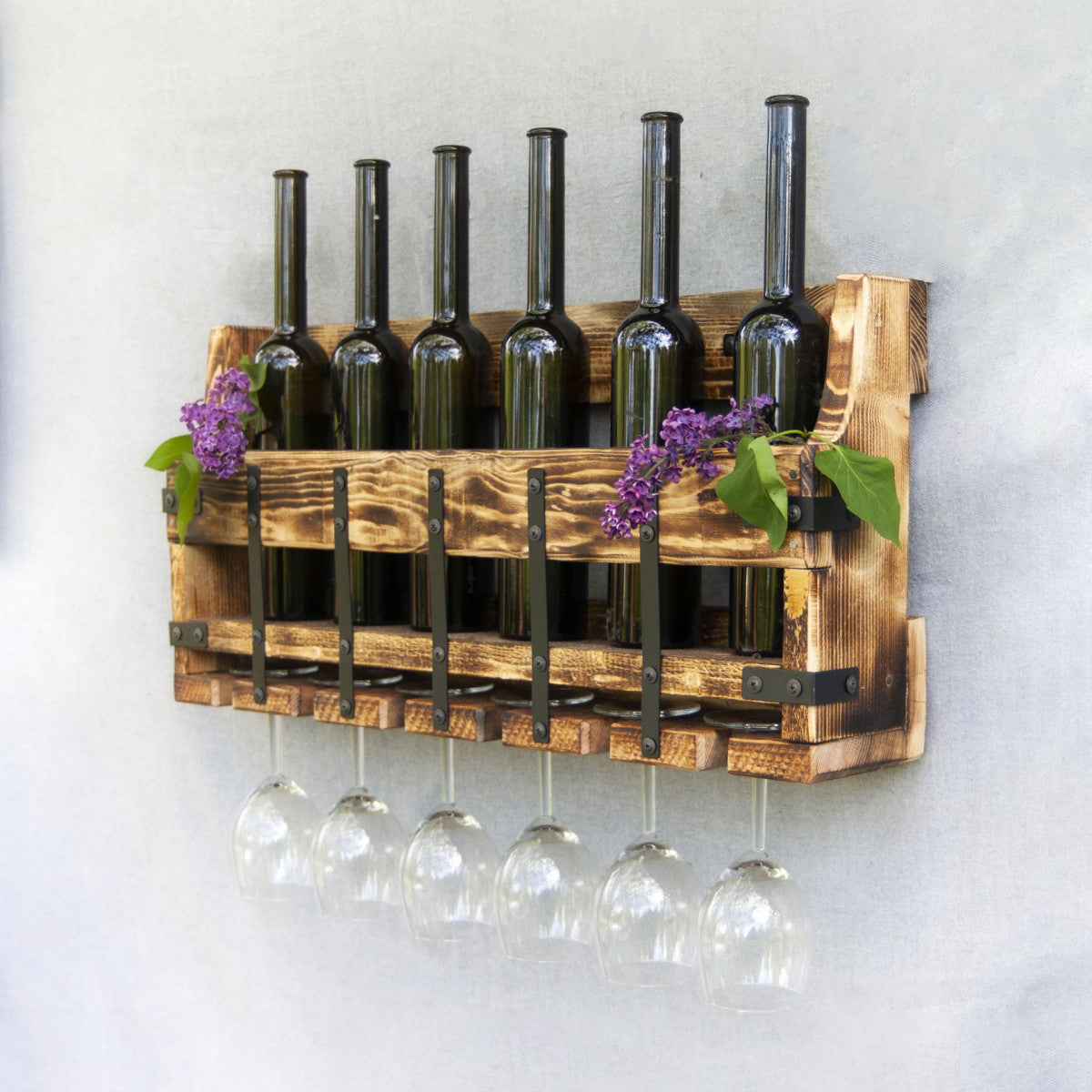 6 Bottle Solid Wood Wall Mounted Wine Bottle & Glass Rack with metal straps in tanned design