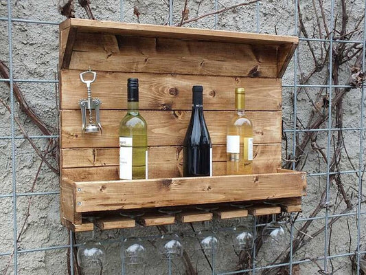 Wall Mounted Rustic Wood Wine Storage Rack, Holds 6 bottles, 6 Glasses, Decorative for Home Bar, Dining Room, Kitchen