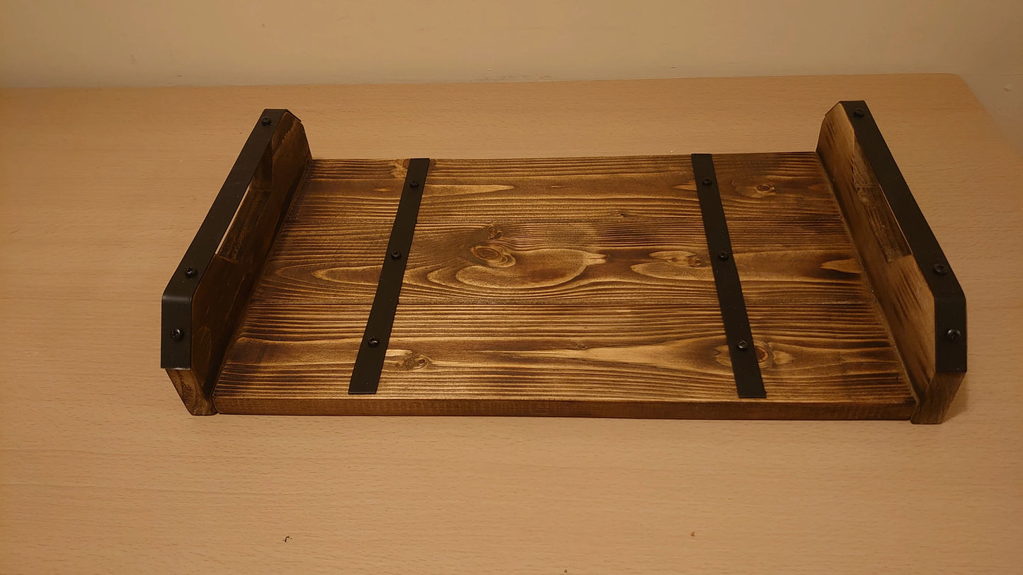 Rustic wooden tray with metal straps, birthday gift, handmade wooden tray, Christmas table decoration, wedding gift