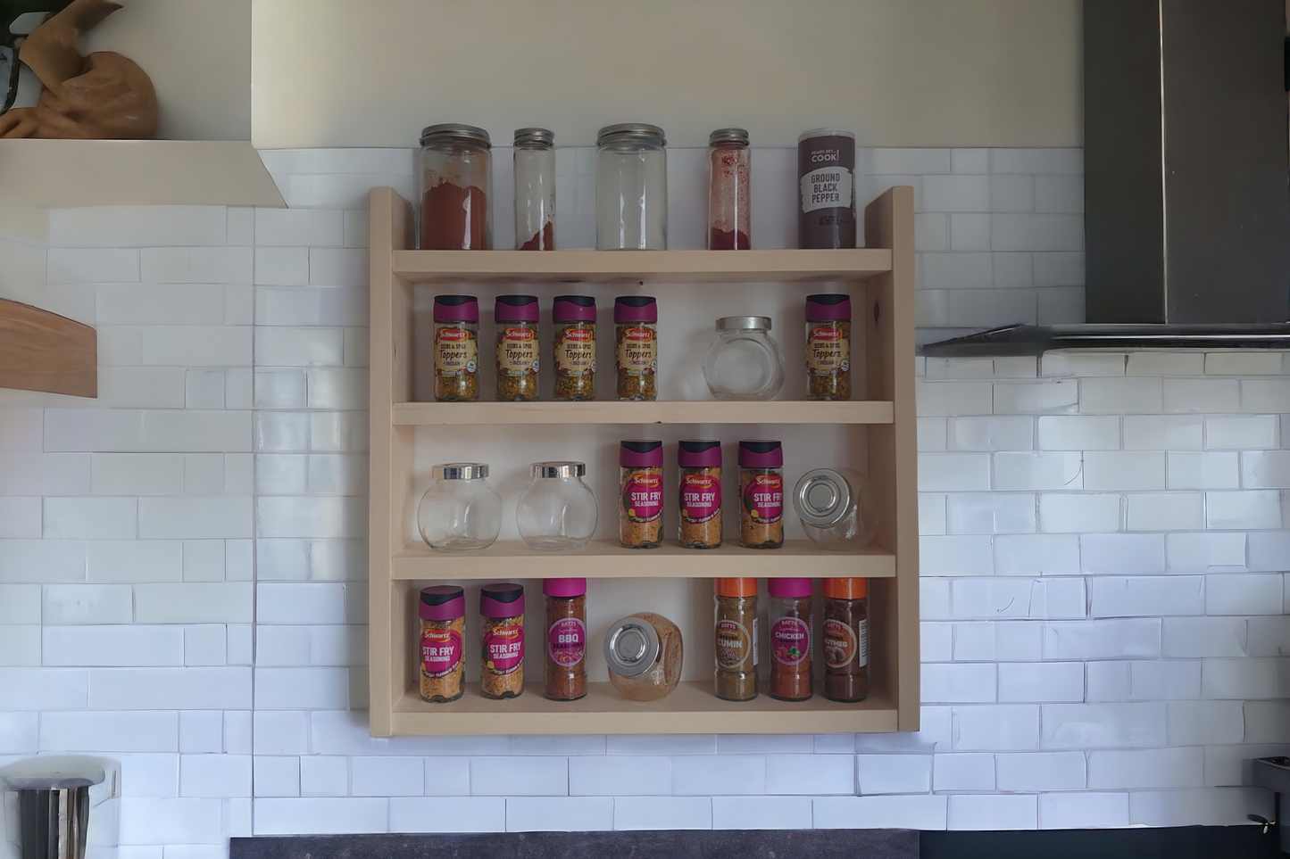 Rustic Wooden Spice Rack,  Storage Shelf, Kitchen Storage, Herb Jars, Wall hanging Organiser,