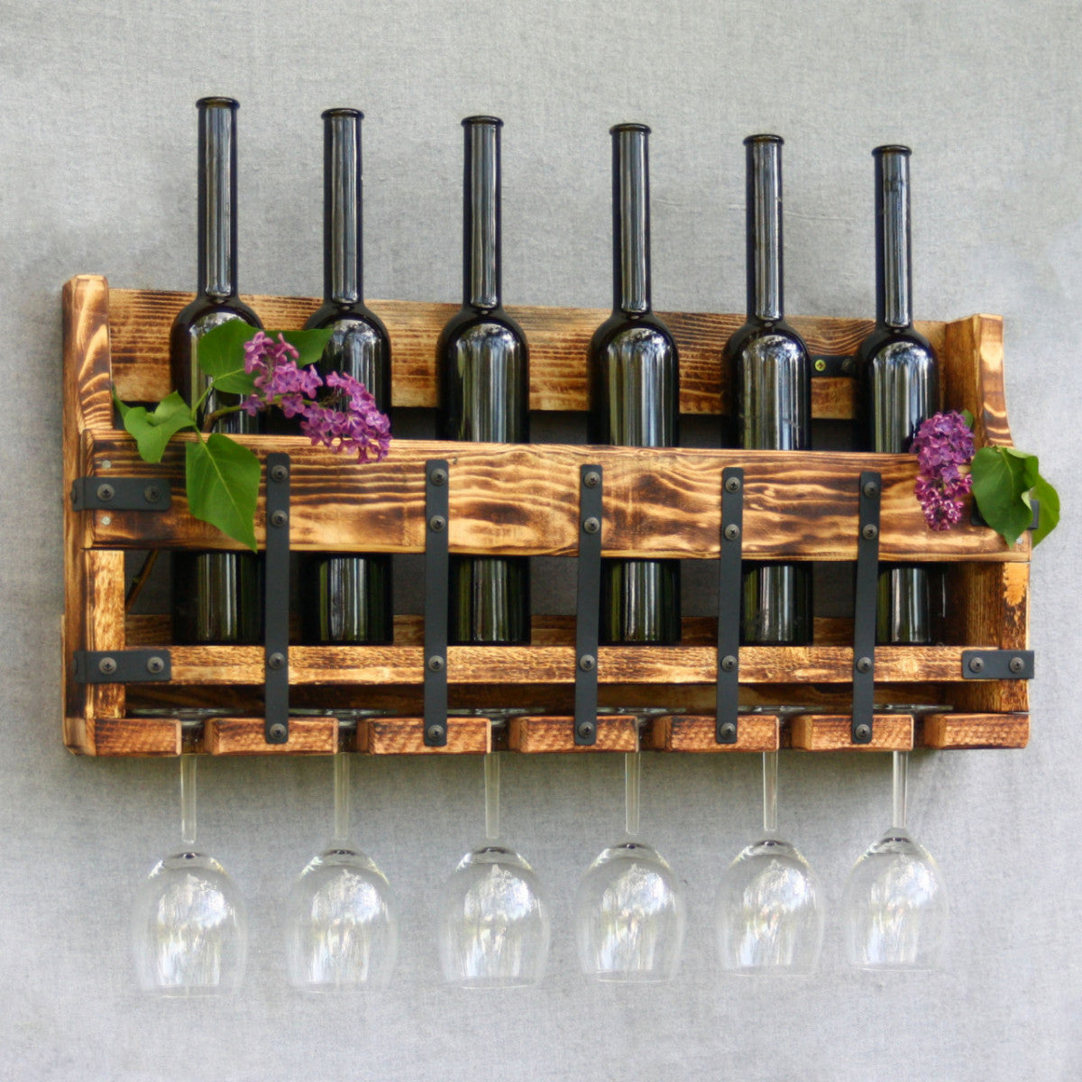 6 Bottle Solid Wood Wall Mounted Wine Bottle & Glass Rack with metal straps in tanned design