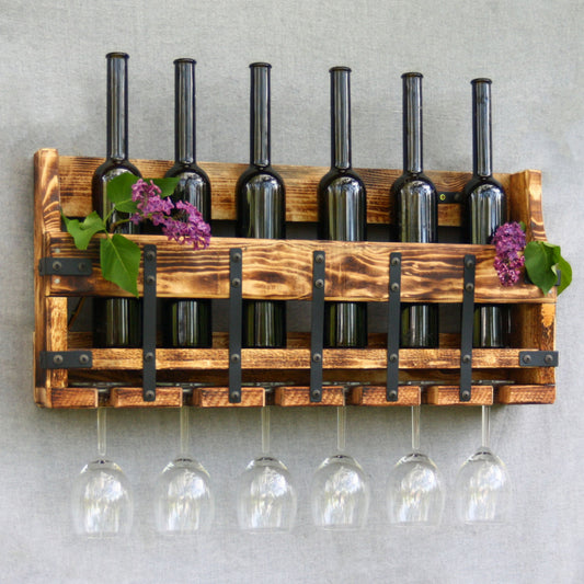 6 Bottle Solid Wood Wall Mounted Wine Bottle & Glass Rack with metal straps in tanned design