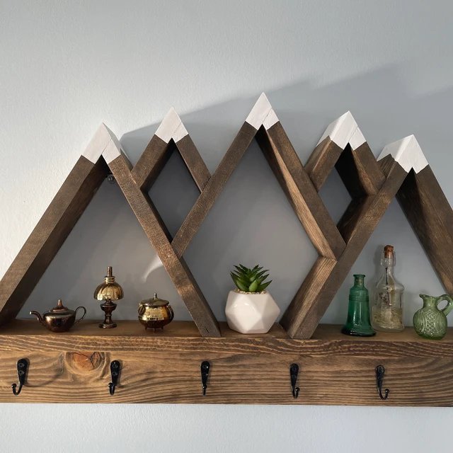 5 Peak Mountain Shelf with Hooks - Rustic Decor - Adventure Decor