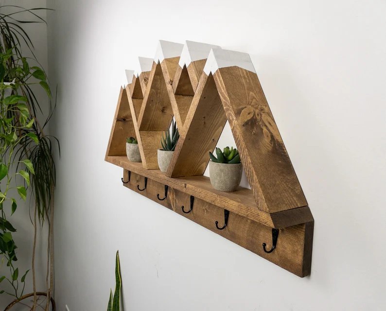 5 Peak Mountain Shelf with Hooks - Rustic Decor - Adventure Decor