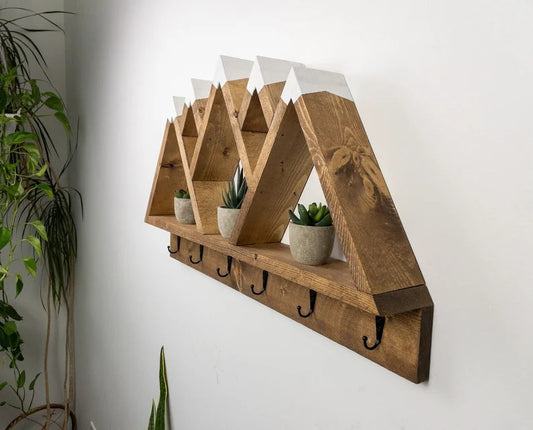 5 Peak Mountain Shelf with Hooks - Rustic Decor - Adventure Decor