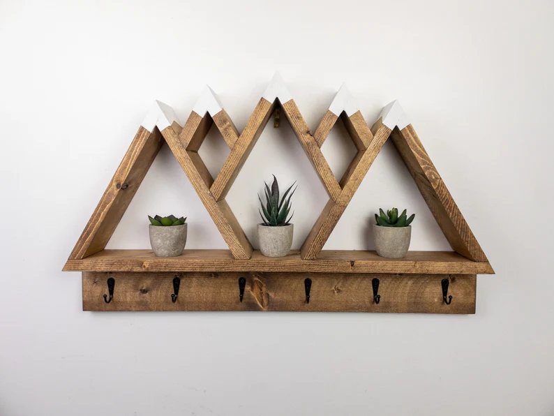 5 Peak Mountain Shelf with Hooks - Rustic Decor - Adventure Decor