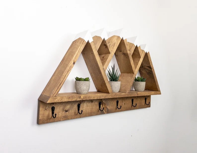 5 Peak Mountain Shelf with Hooks - Rustic Decor - Adventure Decor