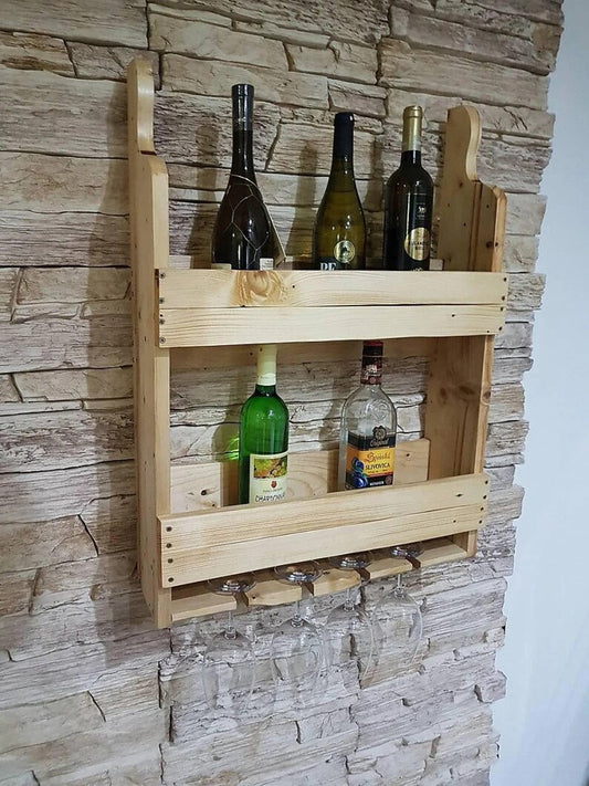 Double Shelves Wall Mounted Wine Bottle & Glass Rack