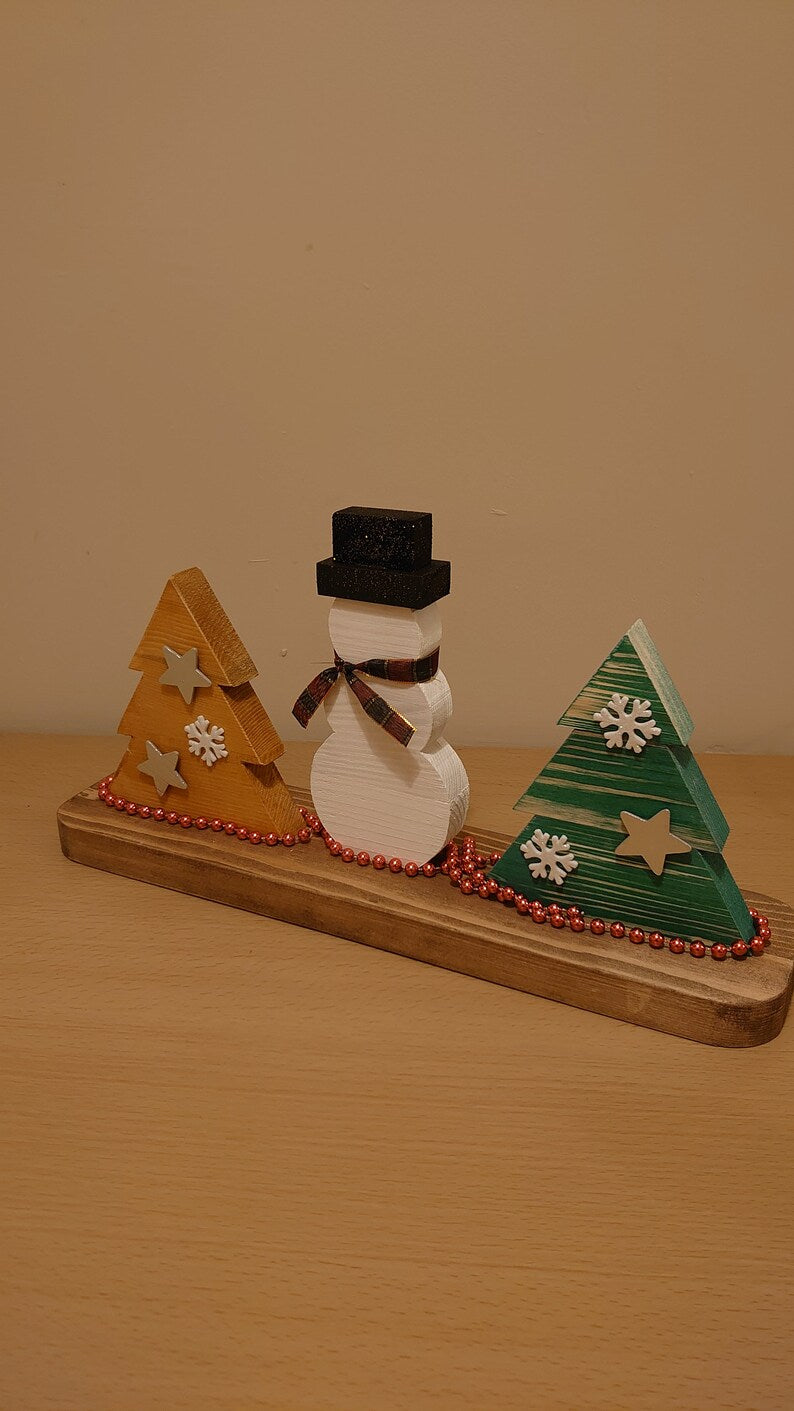 Christmas Snowman and Trees centrepiece, Wooden tray decoration, Christmas table decoration, Christmas centrepiece