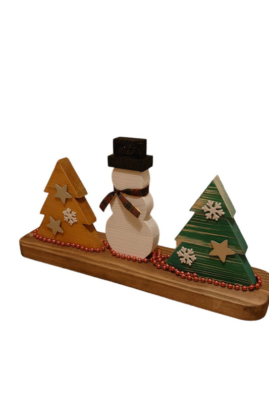 Christmas Snowman and Trees centrepiece, Wooden tray decoration, Christmas table decoration, Christmas centrepiece