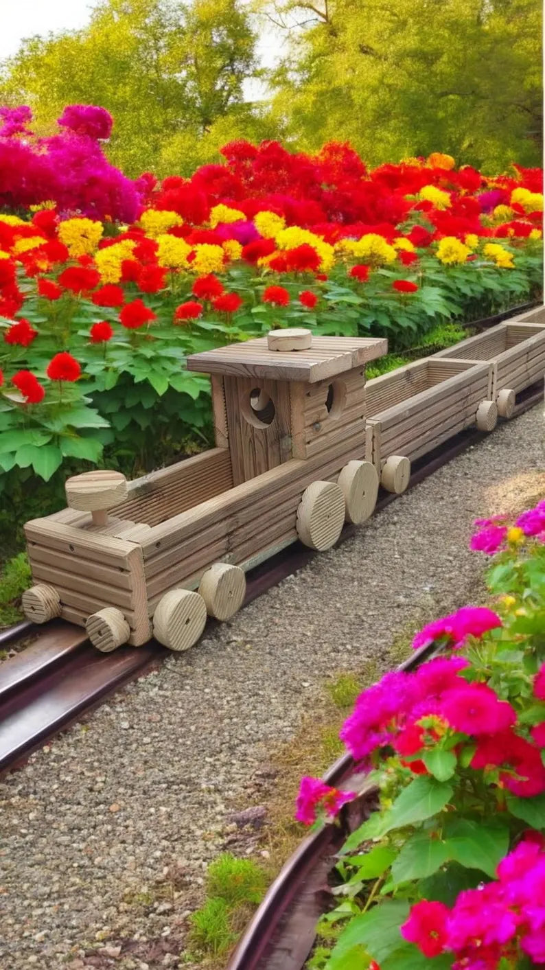 Wooden Outdoor Train planter with multiple carriages, Herbs Planter, Flower Planter Set