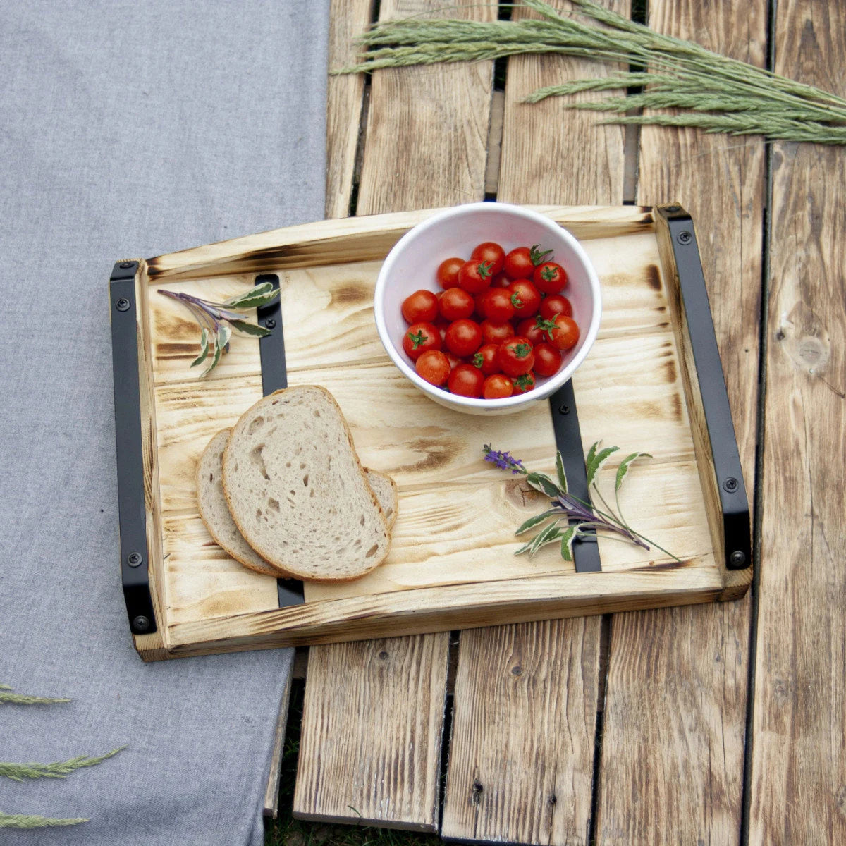 Rustic wooden tray with metal straps, birthday gift, handmade wooden tray, Christmas table decoration, wedding gift.