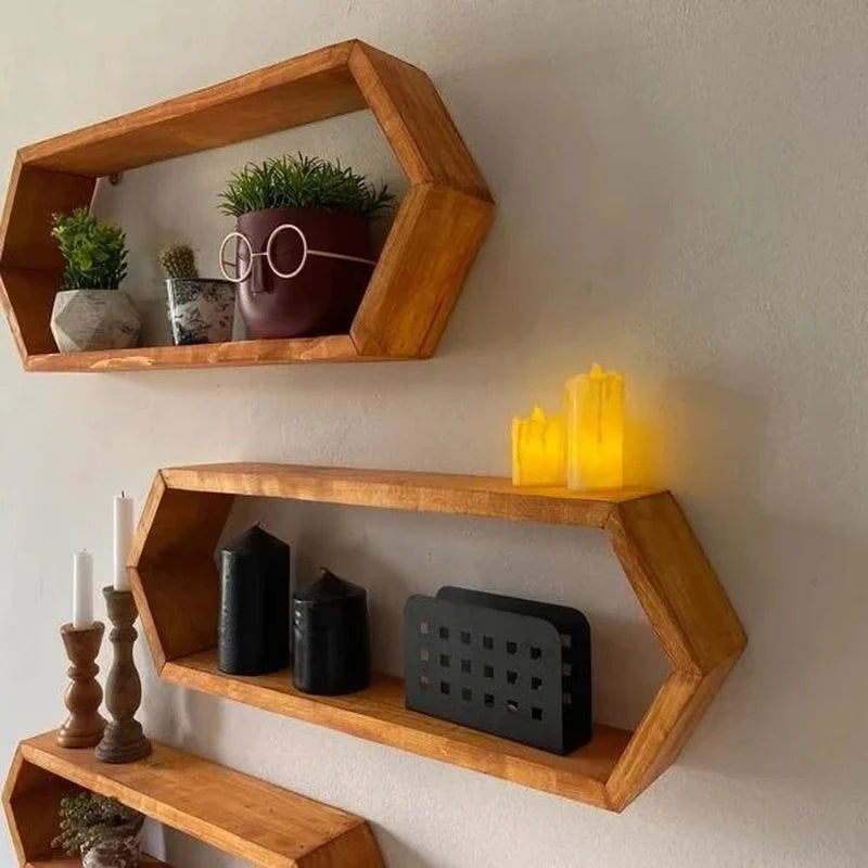 Set of 3 Long Hexagons Geometric Rustic Wall Shelves Reclaimed, Organizer, Hanging Unit, Wooden Wall Display Shelf,