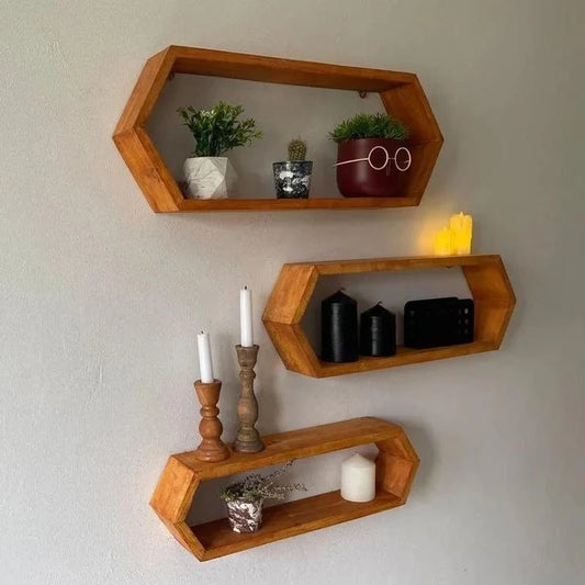 Set of 3 Long Hexagons Geometric Rustic Wall Shelves Reclaimed, Organizer, Hanging Unit, Wooden Wall Display Shelf,