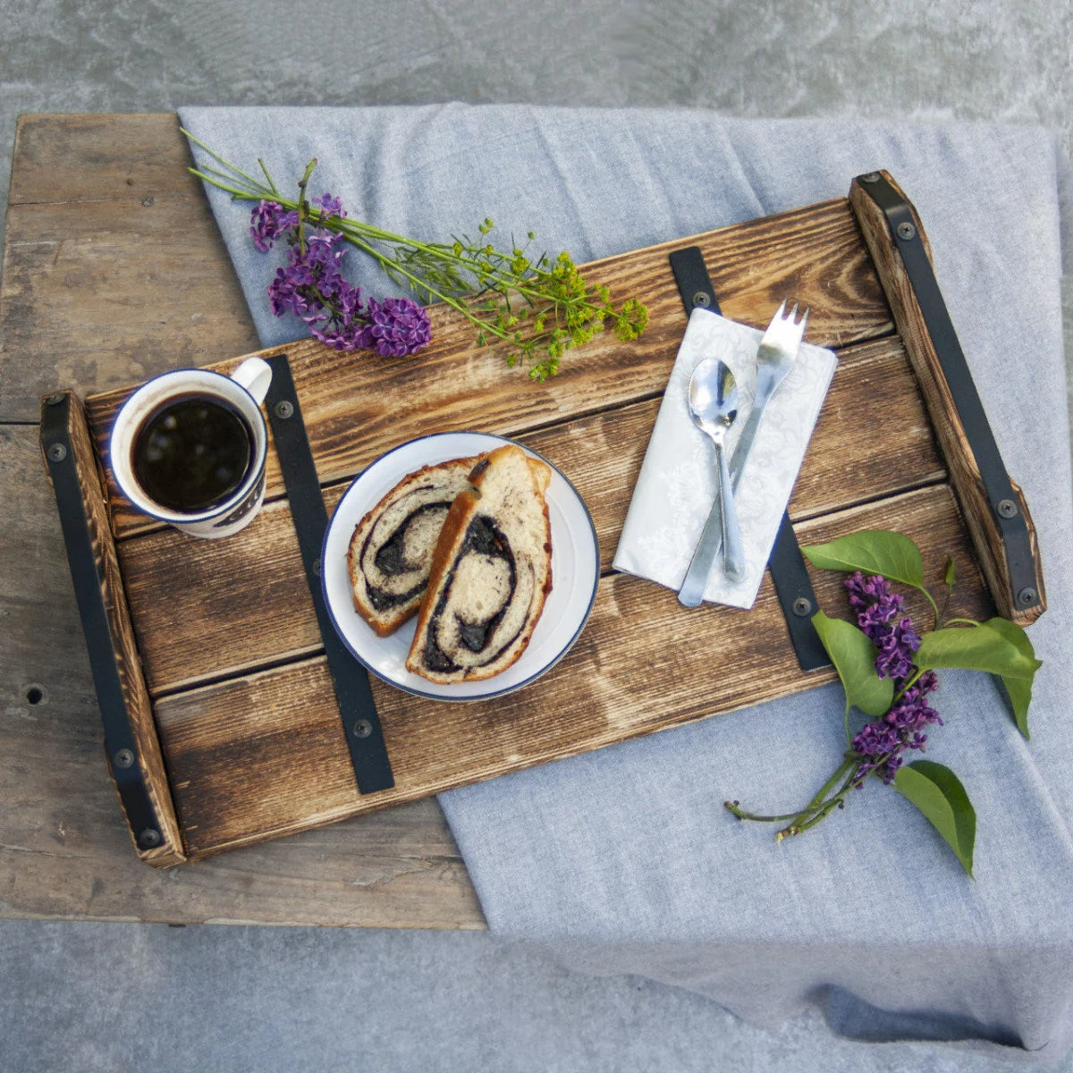 Rustic wooden tray with metal straps, birthday gift, handmade wooden tray, Christmas table decoration, wedding gift