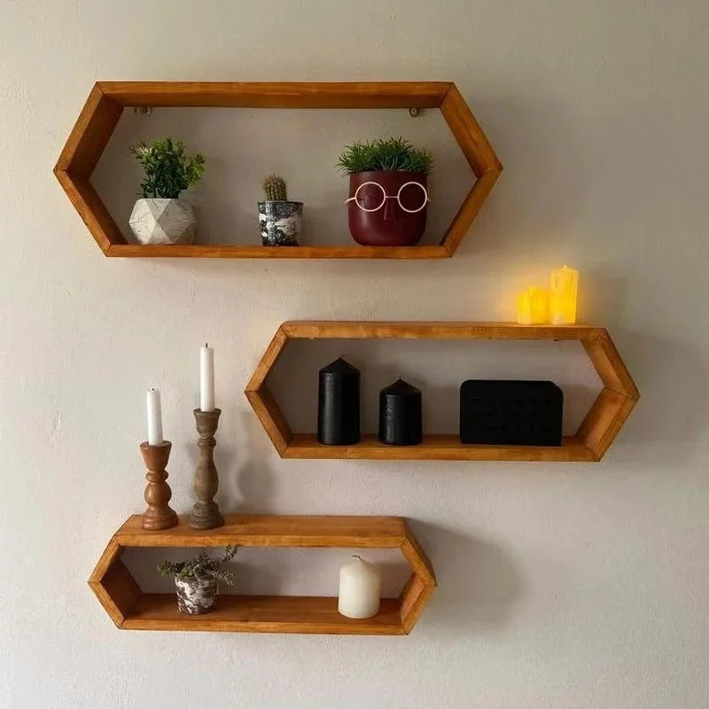 Set of 3 Long Hexagons Geometric Rustic Wall Shelves Reclaimed, Organizer, Hanging Unit, Wooden Wall Display Shelf,