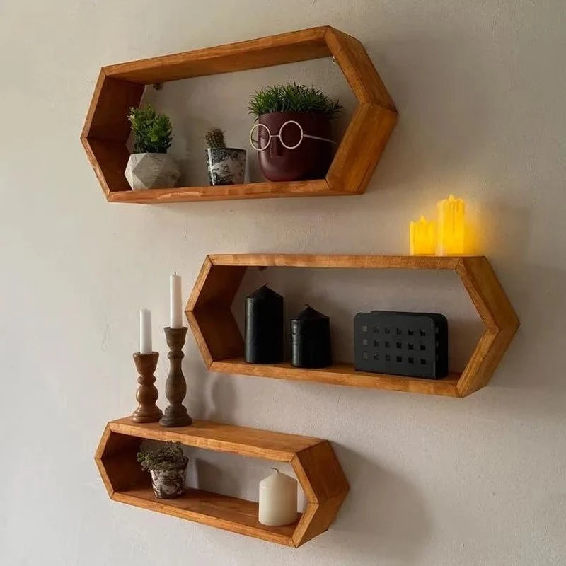 Set of 3 Long Hexagons Geometric Rustic Wall Shelves Reclaimed, Organizer, Hanging Unit, Wooden Wall Display Shelf,