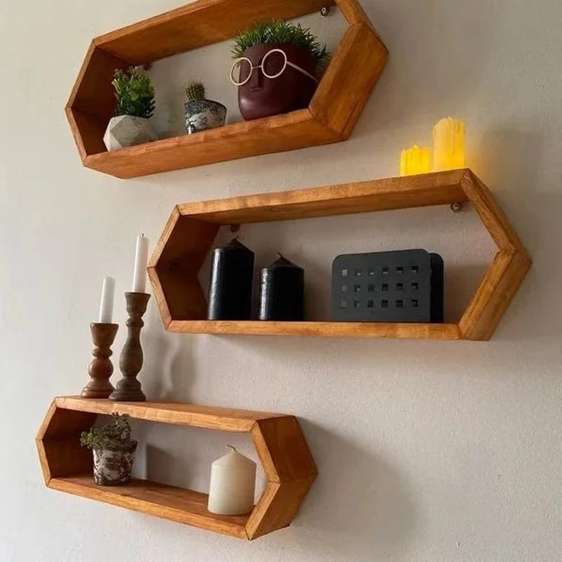 Set of 3 Long Hexagons Geometric Rustic Wall Shelves Reclaimed, Organizer, Hanging Unit, Wooden Wall Display Shelf,