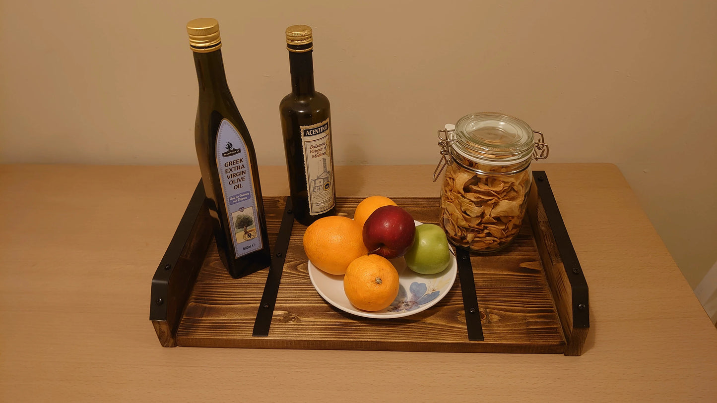 Rustic wooden tray with metal straps, birthday gift, handmade wooden tray, Christmas table decoration, wedding gift