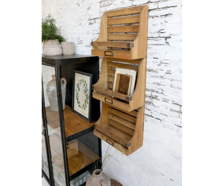 Wooden Rustic Magazine Newspaper Rack Wall Mounted