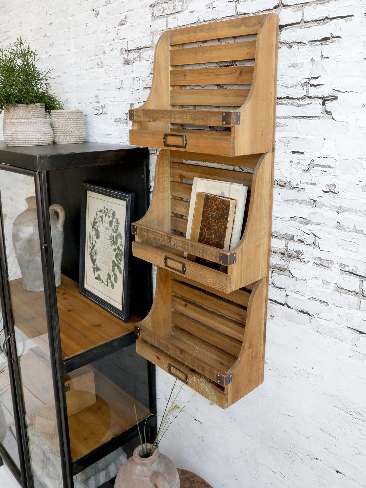 Wooden Rustic Magazine Newspaper Rack Wall Mounted