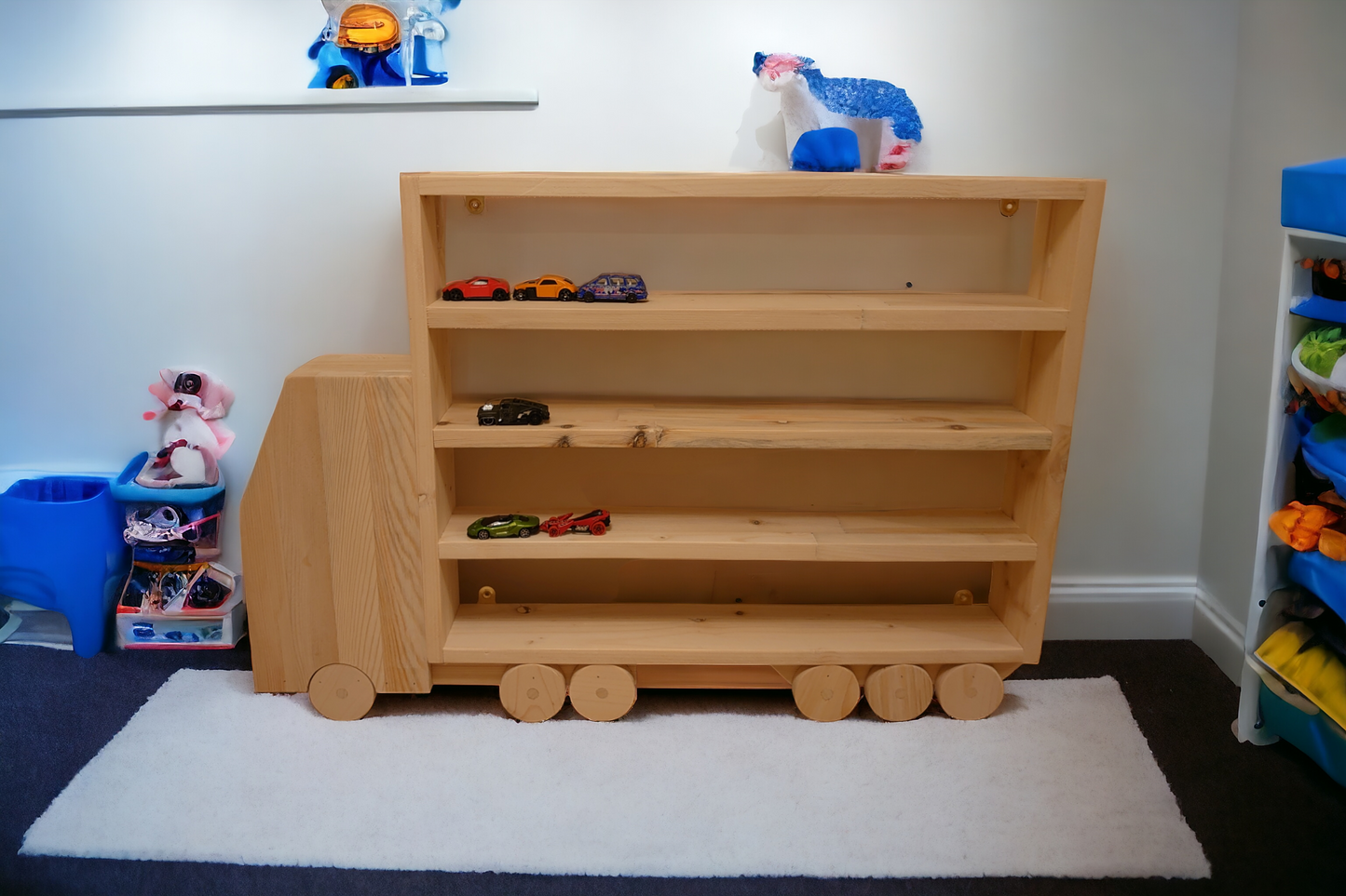 Storage Shelf Garage Lorry for Toys, Cars, Trains, Minifigures Lego Marvel, Wooden Display Wall Shelf, Wall Shelving Unit