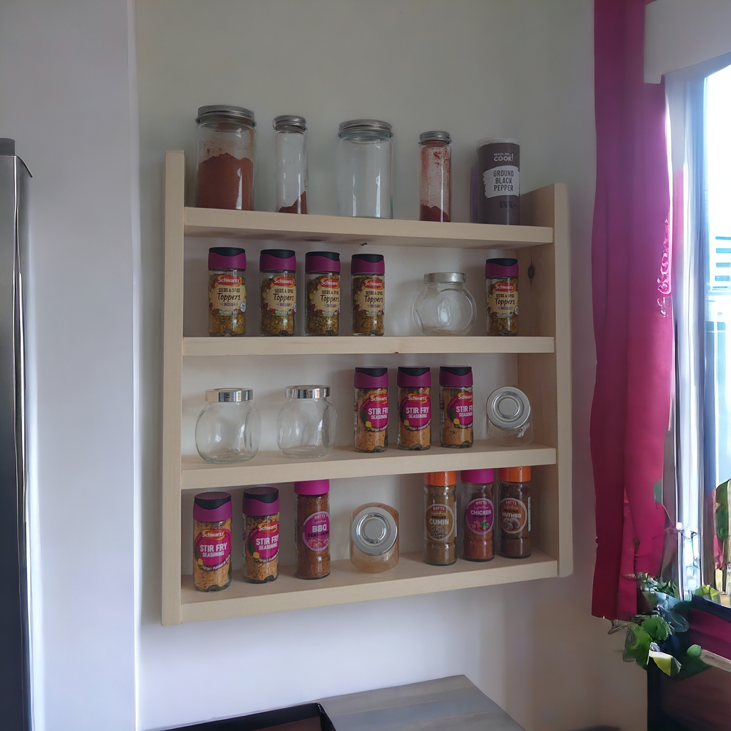 Rustic Wooden Spice Rack,  Storage Shelf, Kitchen Storage, Herb Jars, Wall hanging Organiser,