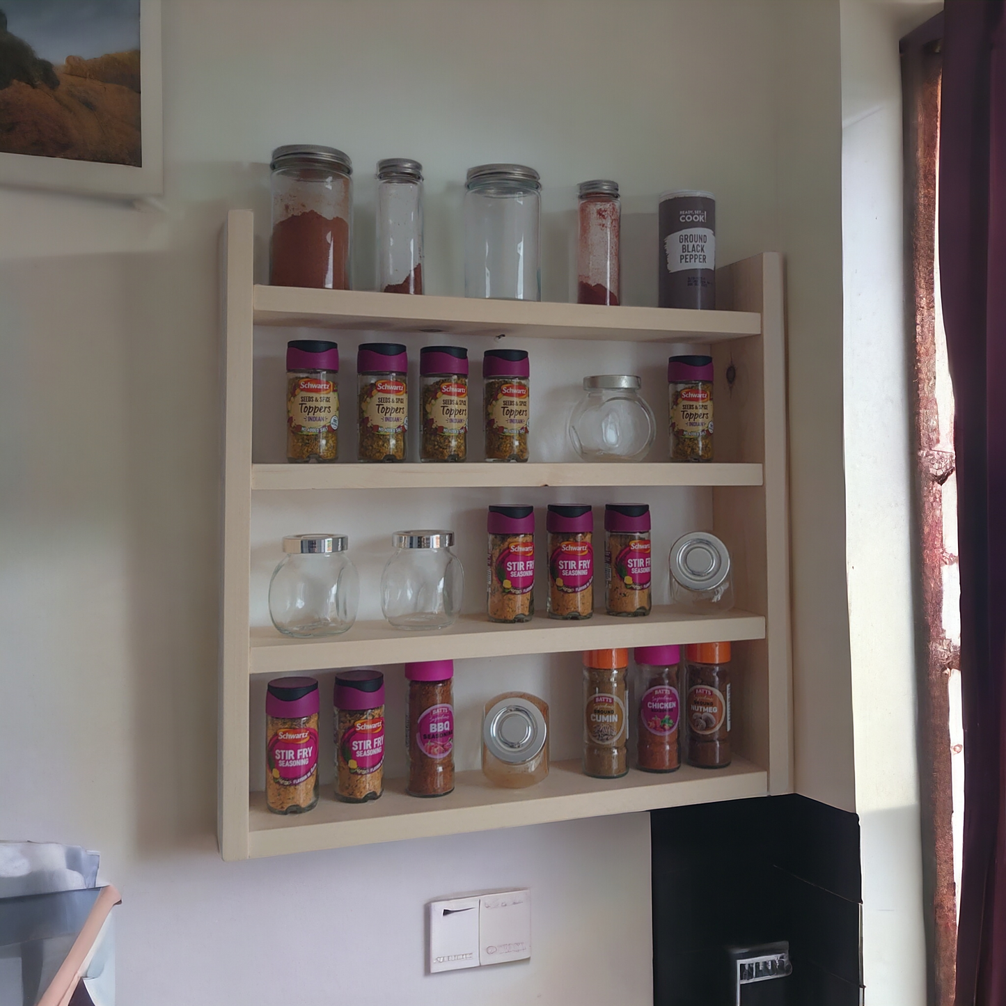 Rustic Wooden Spice Rack,  Storage Shelf, Kitchen Storage, Herb Jars, Wall hanging Organiser,