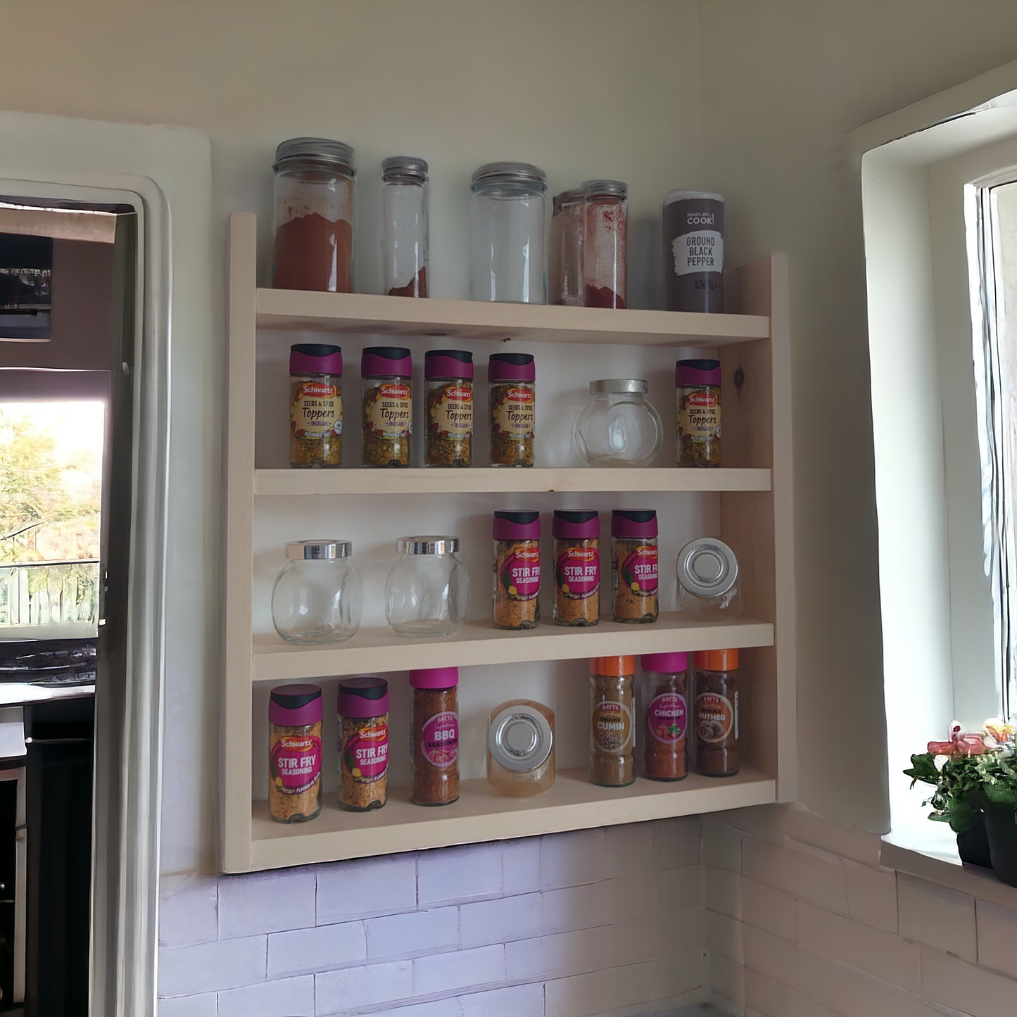 Rustic Wooden Spice Rack,  Storage Shelf, Kitchen Storage, Herb Jars, Wall hanging Organiser,