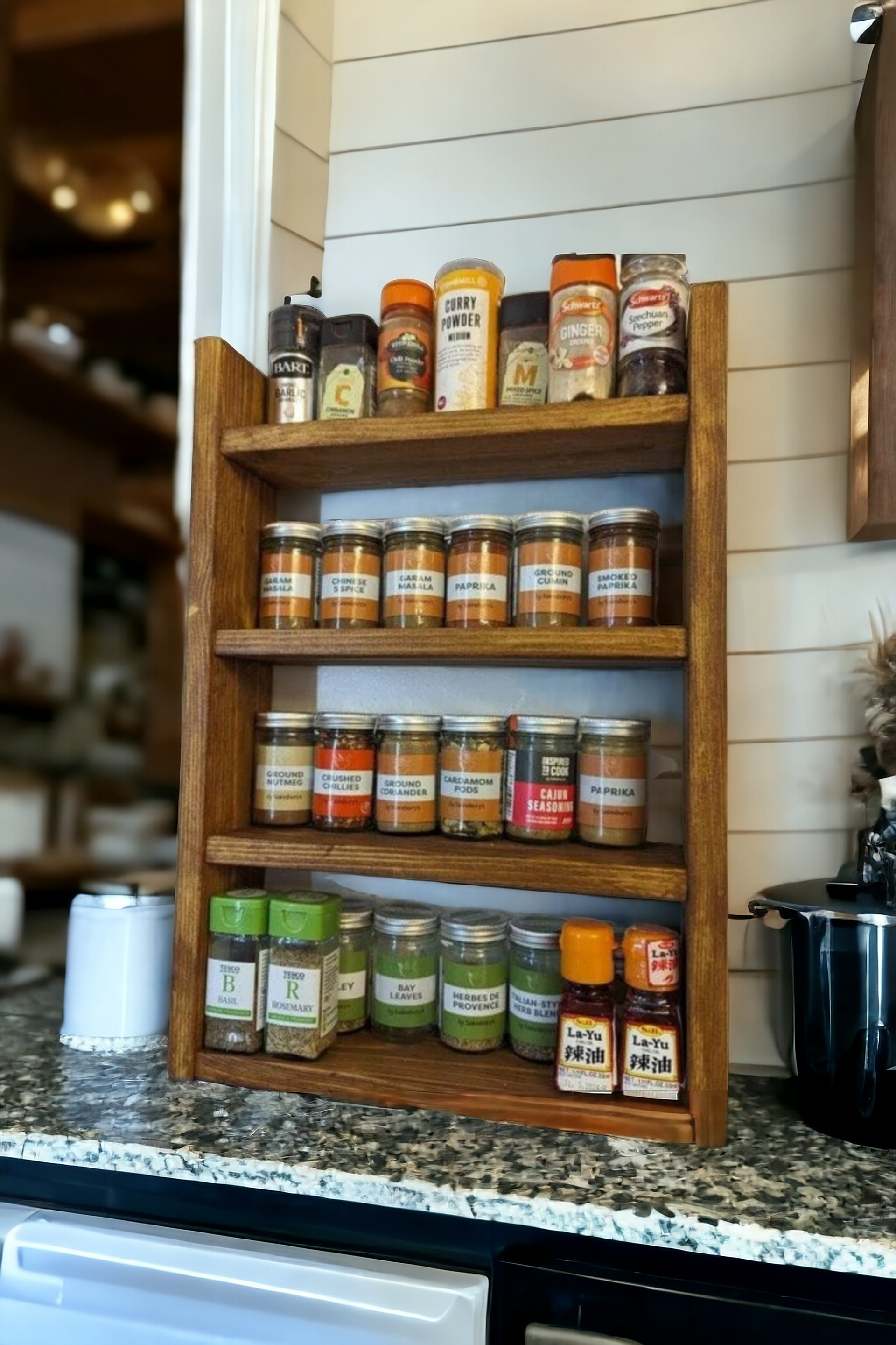 Rustic Wooden Spice Rack, Storage Shelf, Kitchen Storage, Herb Jars, Wall hanging Organiser, Natural