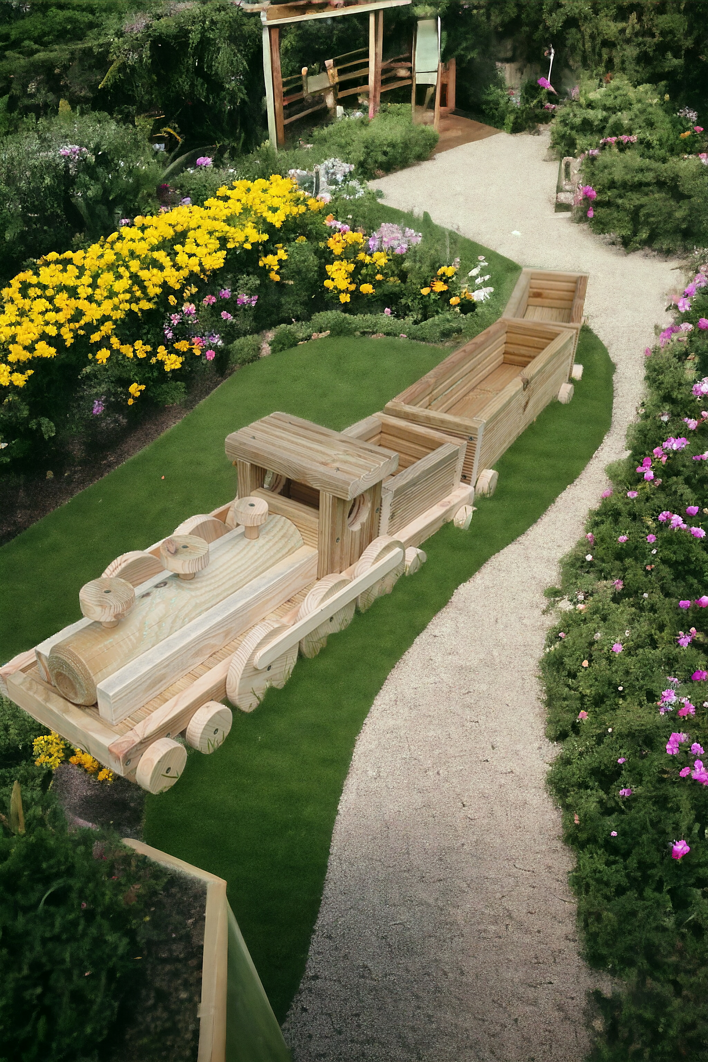 Wooden Train planter 240cm with 3 wagons